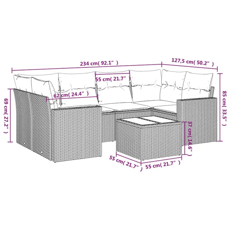 vidaXL 7 Piece Patio Sofa Set with Cushions Black Poly Rattan - 24.4" x 24.4" x 27.2"