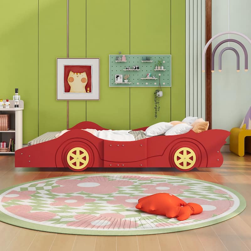 Wooden Race Car-Shaped Platform Bed with Wheels