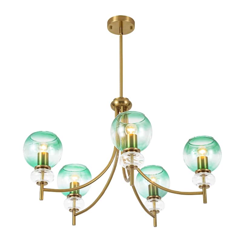 5-Light Mid-Century Modern Luxury Green Sputnik with Open/Bubble Glass Globe Shades Chandelier for Dining Room, Living Room
