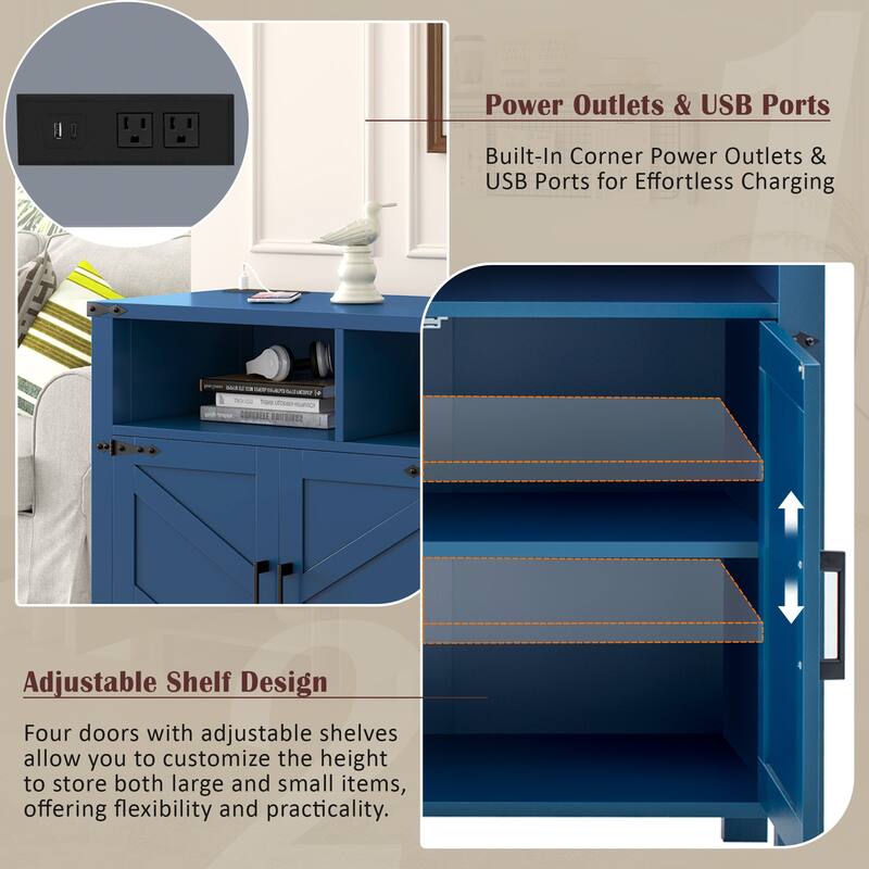 4-Door Wooden Sideboard, Buffet Cabinet with Power Outlets & USB Ports, Storage Cabinet with Adjustable Shelves & Open Shelves