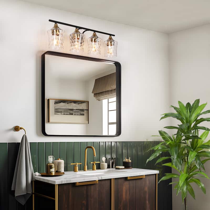 2/3/4-Light Modern Gold Black Bathroom Vanity Light Wall Sconce with Hammered Glass
