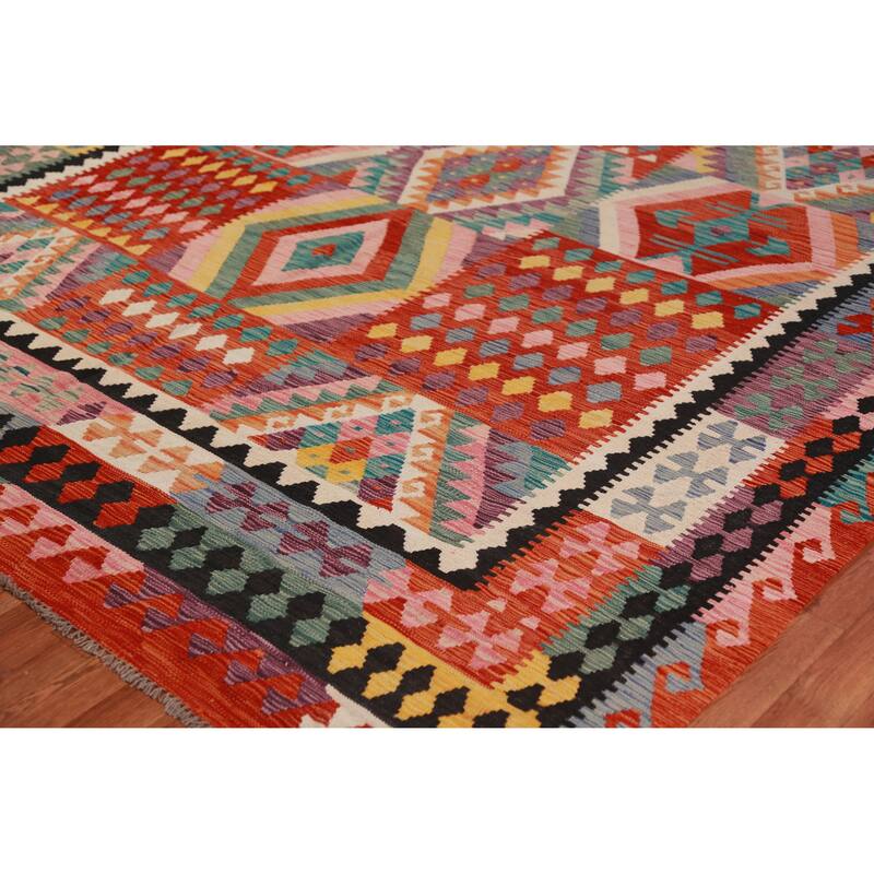 Geometric Kilim Oriental Rug Hand-Woven Multi-Color Wool Carpet - 8'5"x 11'2"