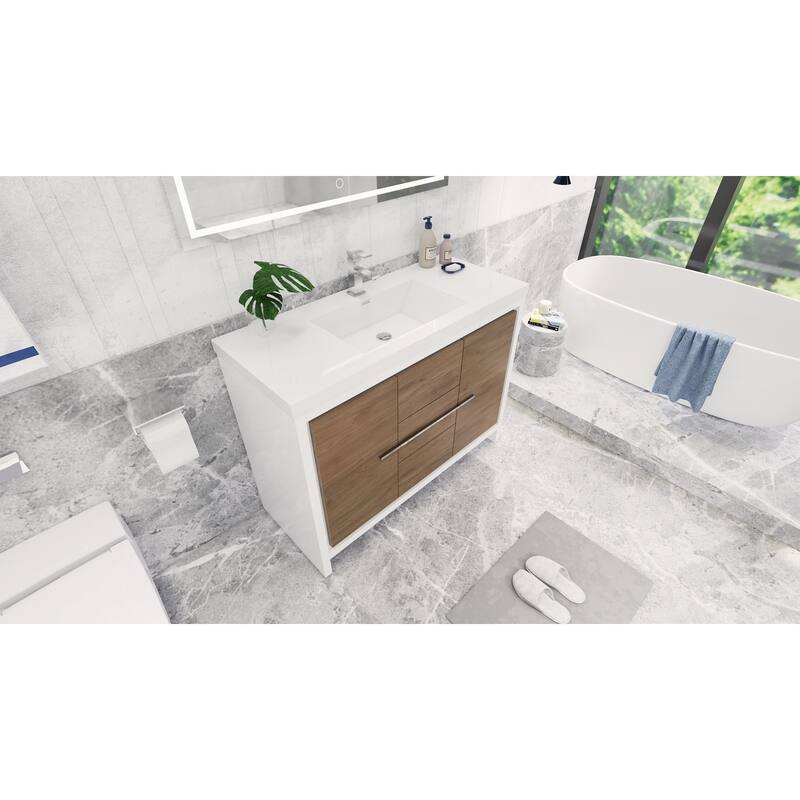 dolce 48 natural oak finish freestanding bath vanity with single basin reinforced acrylic top