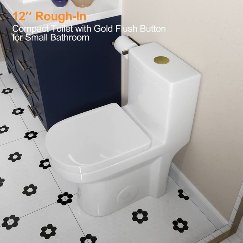 1 Piece High Efficiency Dual Flush Toilet White 0.8 1.28 GPF Seat Included Brushed Gold Button