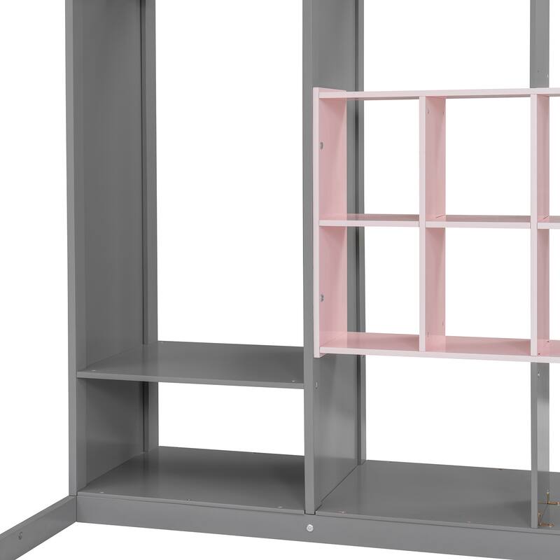 Twin Size Wood Loft Bed with Wardrobe, Shelves, and Cabinet in Gray and Pink