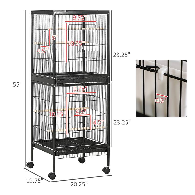 Dual-Compartment Steel Bird Cage with Removable Tray & Rolling Casters — Black - 20.5" W x 19.75" D x 55" H.