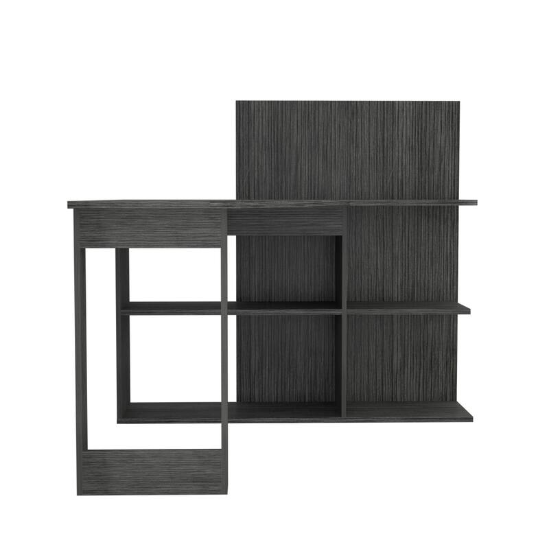 L-Shaped Writing Computer Desk with 5 Open Shelves, Right Return, and Stylish Hutch for Home Office or Study