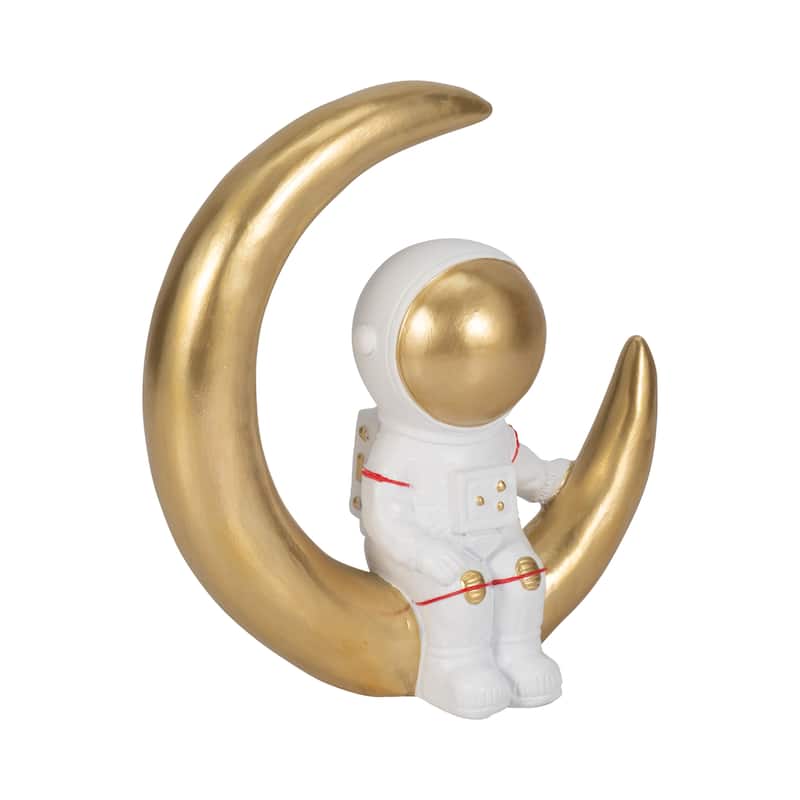 Sagebrook Home Polyresin 7" Space Man on Crescent Moon Figurine in White and Gold - 7" x 3" x 7"