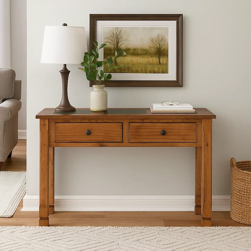 Marv Sofa Table w 2 Drawers, 48 Inch Rectangular Slate Inlay, Brown