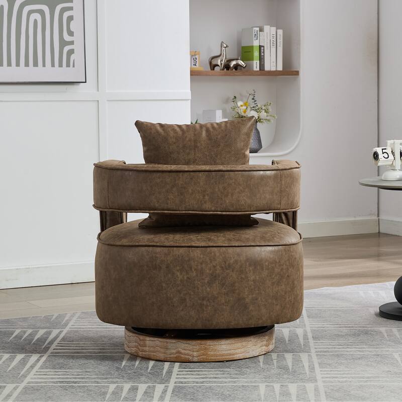 Roomfitters 29.1" Modern Swivel Barrel Chair, Open Back Faux Leather Club Chair with Weathered Wood Base