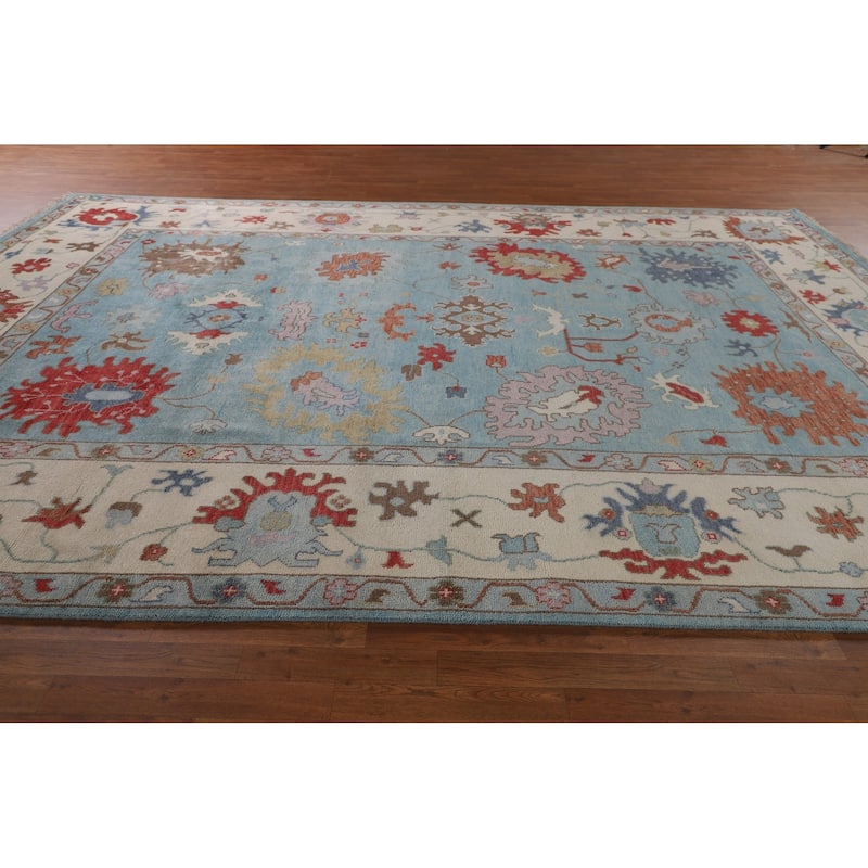 Light Blue Floral Oushak Oriental Large Rug Hand-Knotted Wool Carpet - 10'1" x 13'9"