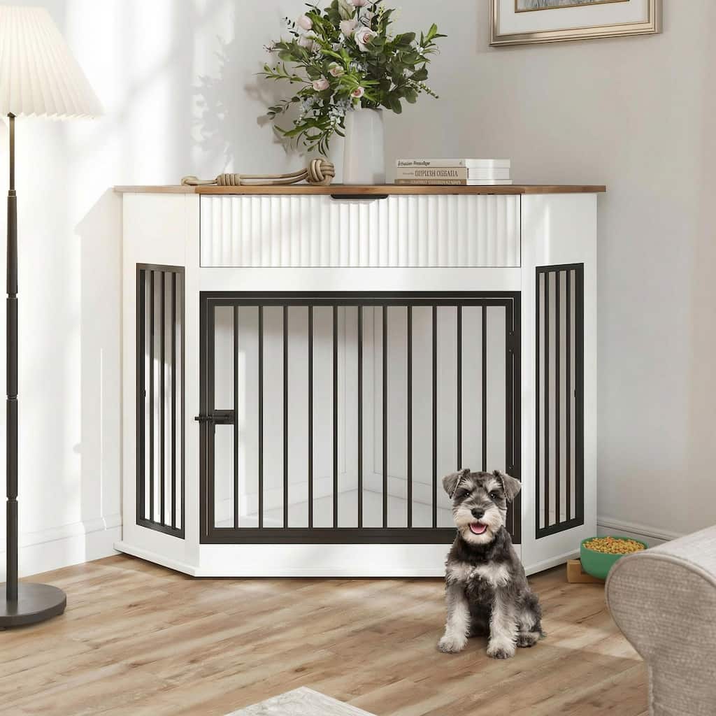 44.6"Corner MDF Dog Crate Furniture for Small/Medium Dogs, Decorative Dog Kennel End Table with Fluted Drawer Storage