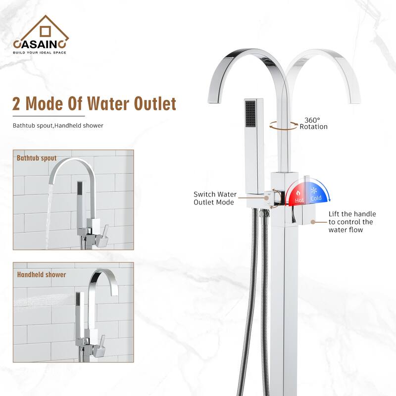 CASAINC Single-Handle Floor-Mounted Bathtub Faucet High Flow Bathroom Tub Filler with Hand Shower