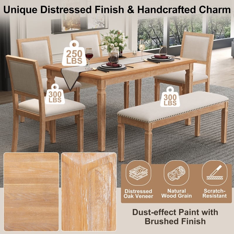 Rustic Farmhouse Extendable Dining Table Set for Six with Four Chairs and Bench for Cozy Gatherings
