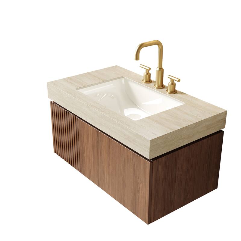36" Floating Bathroom Vanity & Sink - Plywood Cabinet with Drawer, Stone Top & Ceramic Basin, Pre-Assembled