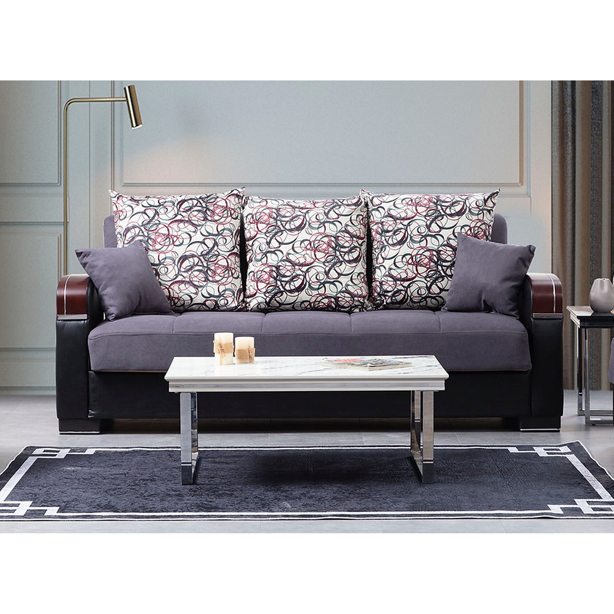 Tulsa Grey Fabric-Leather Upholstered Convertible Sleeper Sofa with Storage