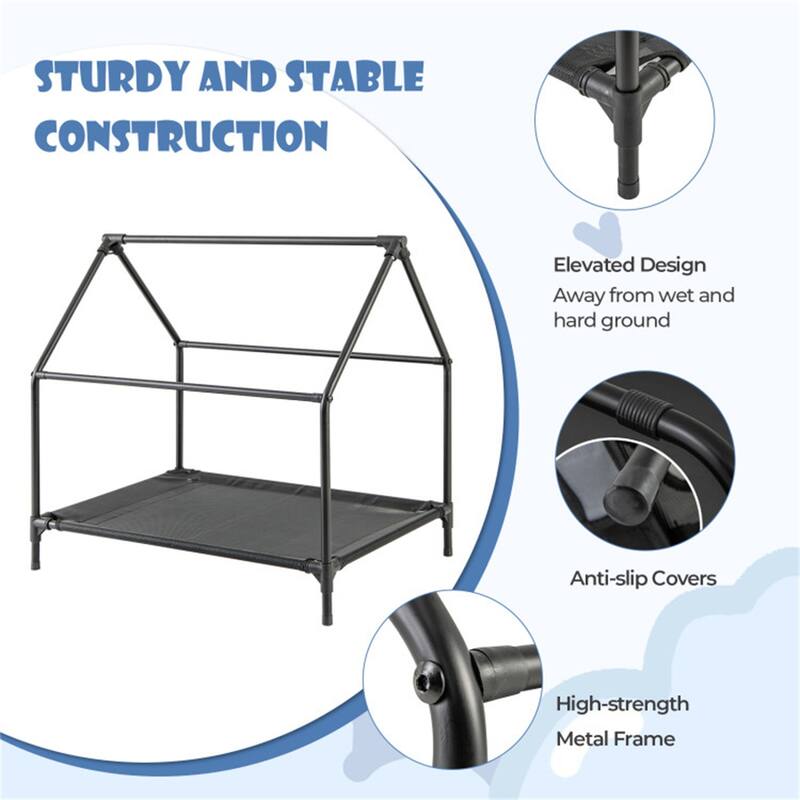Outdoor Elevated Pet House with Waterproof Canopy and Roll-Up Mesh Windows