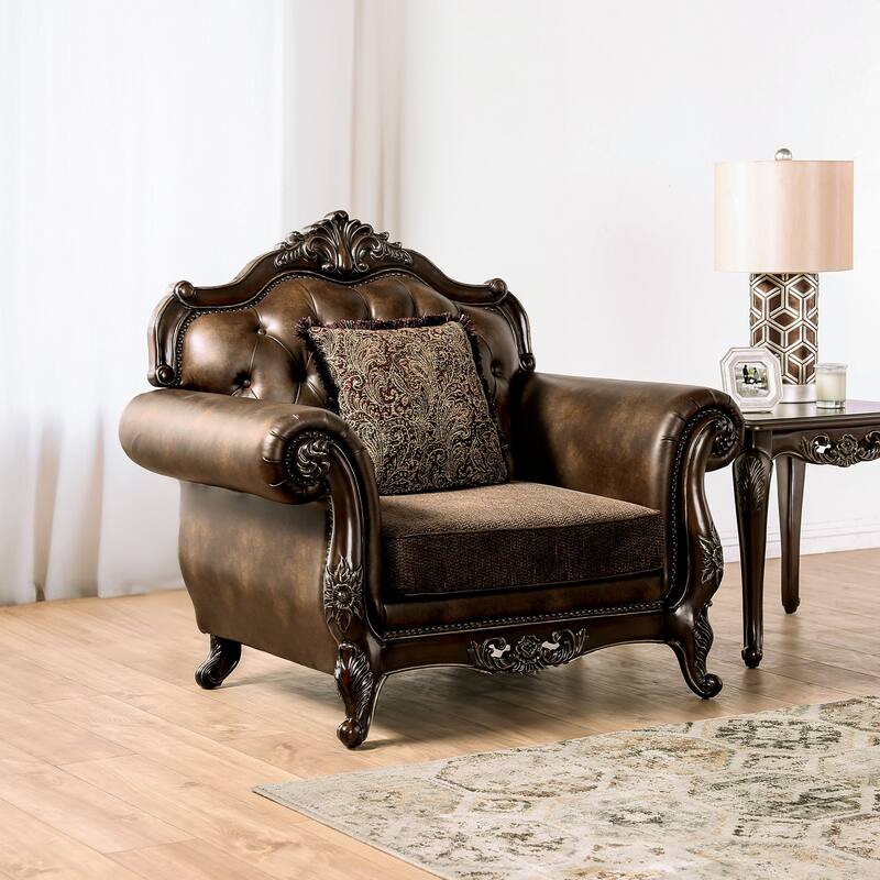 Furniture of America Beatrice Traditional Brown Arm Chair with Button Tufted Back and Accent Pillows - Brown