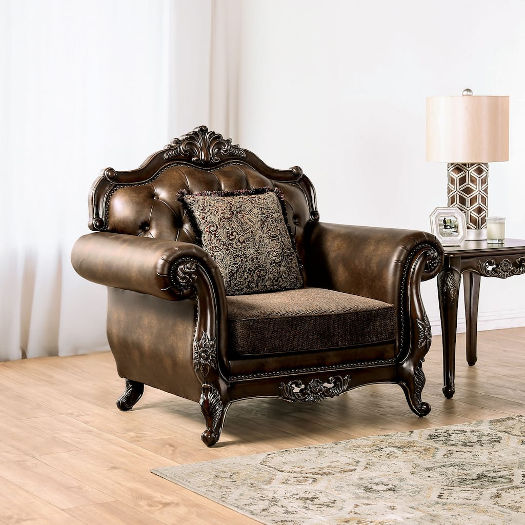 Furniture of America Beatrice Traditional Brown Arm Chair with Button Tufted Back and Accent Pillows