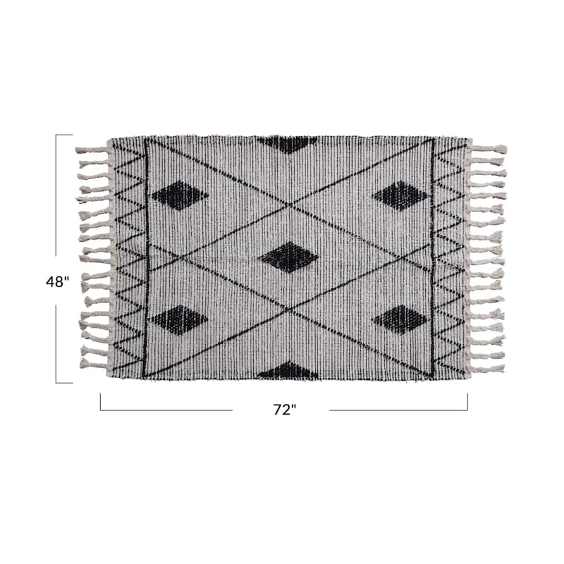 Handwoven Cotton Rug with Geometric Pattern and Fringe - 72.0"L x 48.0"W x 0.5"H