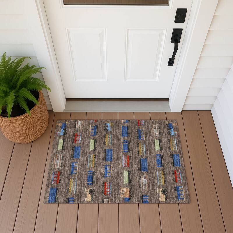 Machine Washable Indoor/ Outdoor Modern Train Chantille Rug - Coffee - 1'8" x 2'6"
