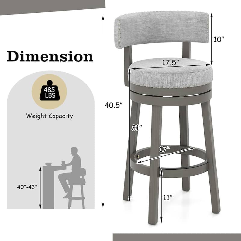 Gymax Set of 2 Upholstered Swivel Bar Stools Wooden Bar Height Kitchen