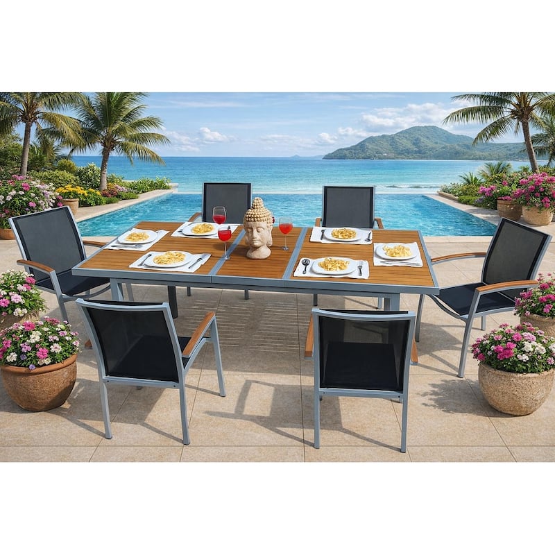 Luna Light Grey 7-Piece Aluminum Outdoor Dining Set with Sling Set in Black - N/A