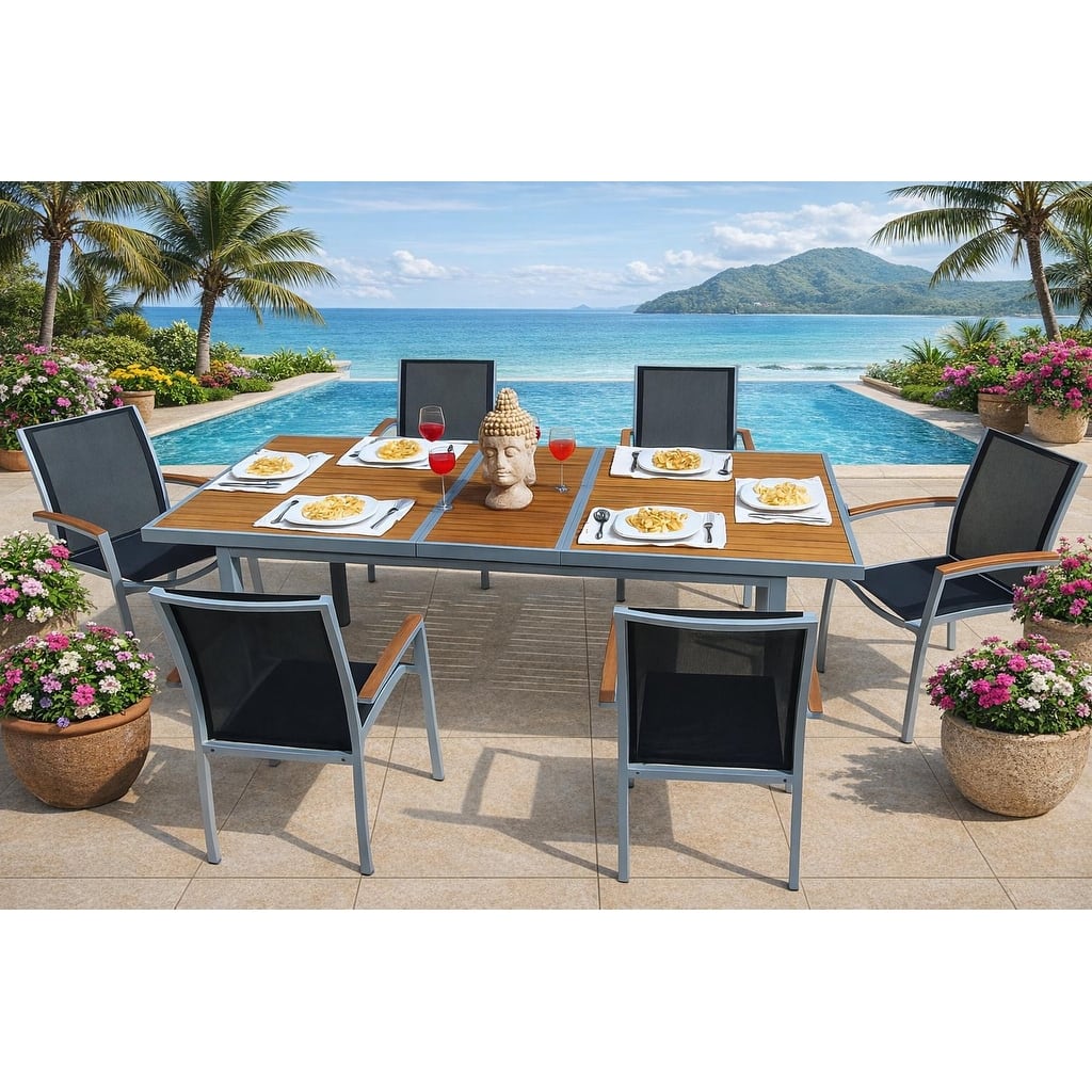 Luna Light Grey 7-Piece Aluminum Outdoor Dining Set with Sling Set in Black - N/A