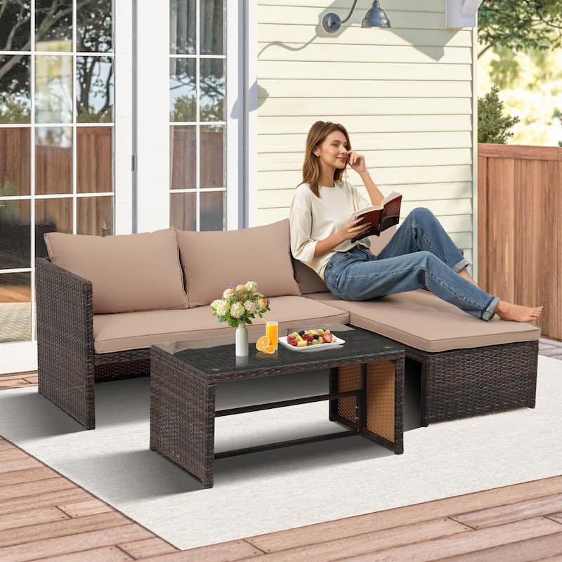 3-Piece Outdoor Rattan Furniture Set Patio Wicker Conversation Loveseat Sofa Sectional Couch Cushion