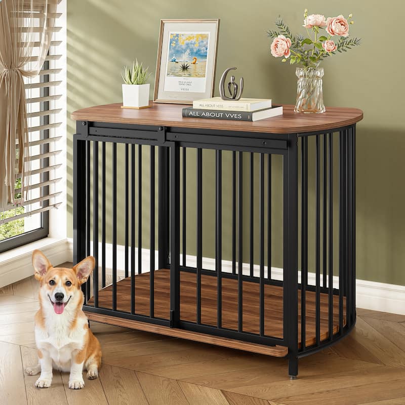 31.5" Furniture Style Dog Crate, Modern Dog Crate End Table with Double-Doors - Brown