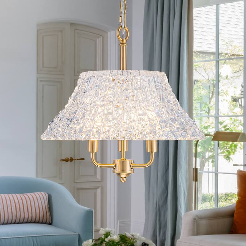3-Light Pendant Light with Handblown Ripple Glass Kitchen Fixture - Dia.15-in - Dia.15-in