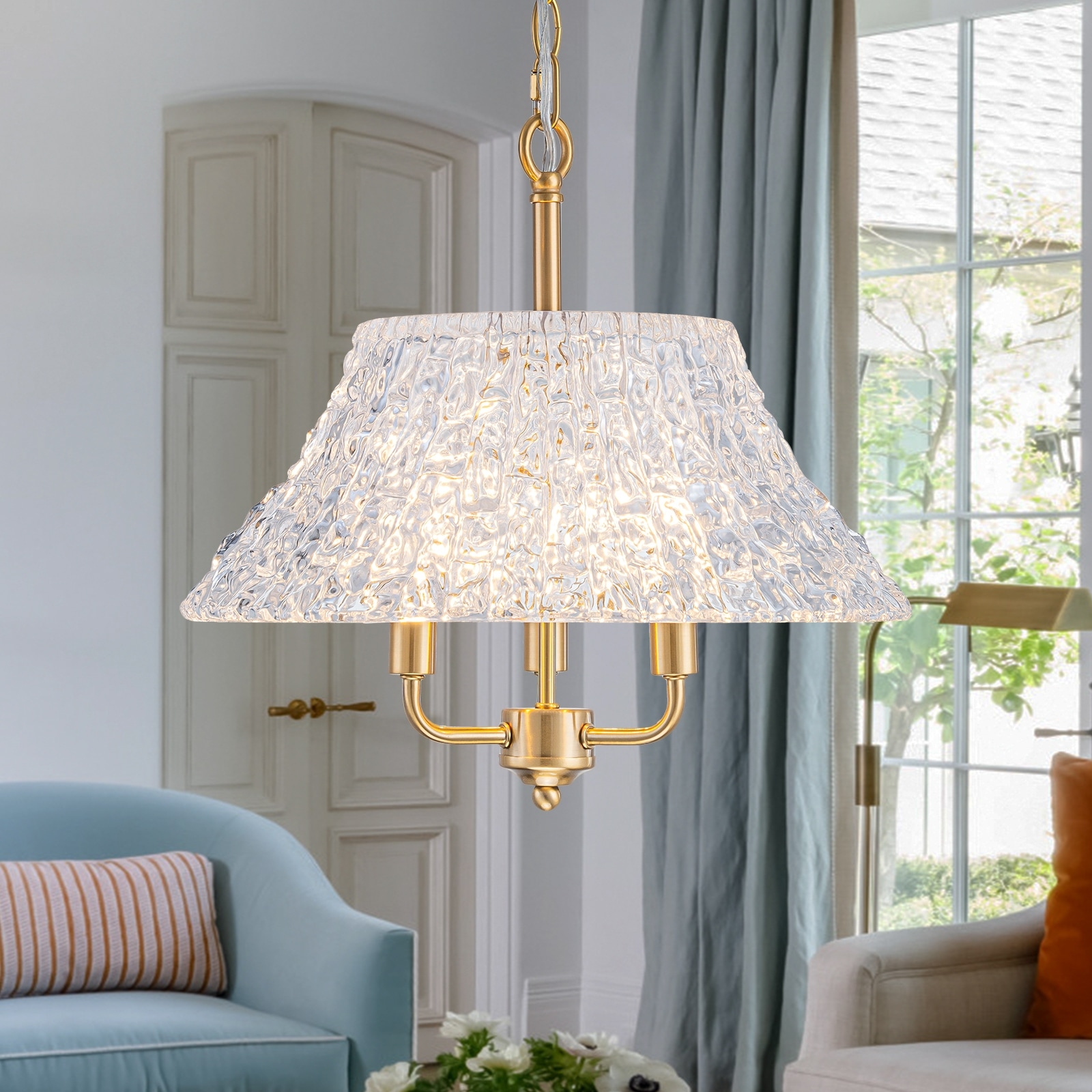 3-Light Pendant Light with Handblown Ripple Glass Kitchen Fixture - Dia.15-in