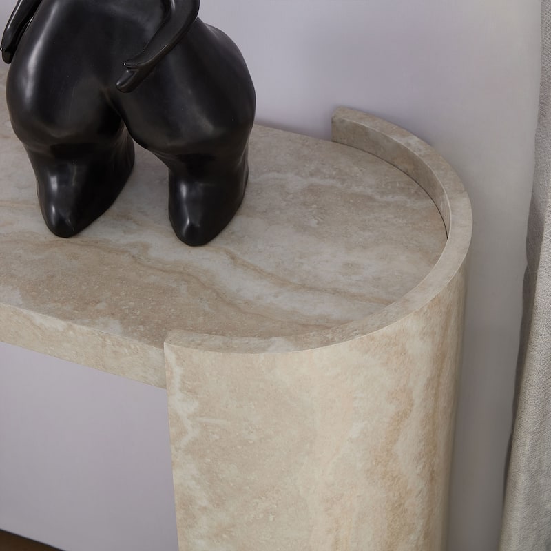 53.15 Inch Faux Marble Pattern Entryway Table, Modern Design Narrow Console Table with Oval Top and Raised Edge Design