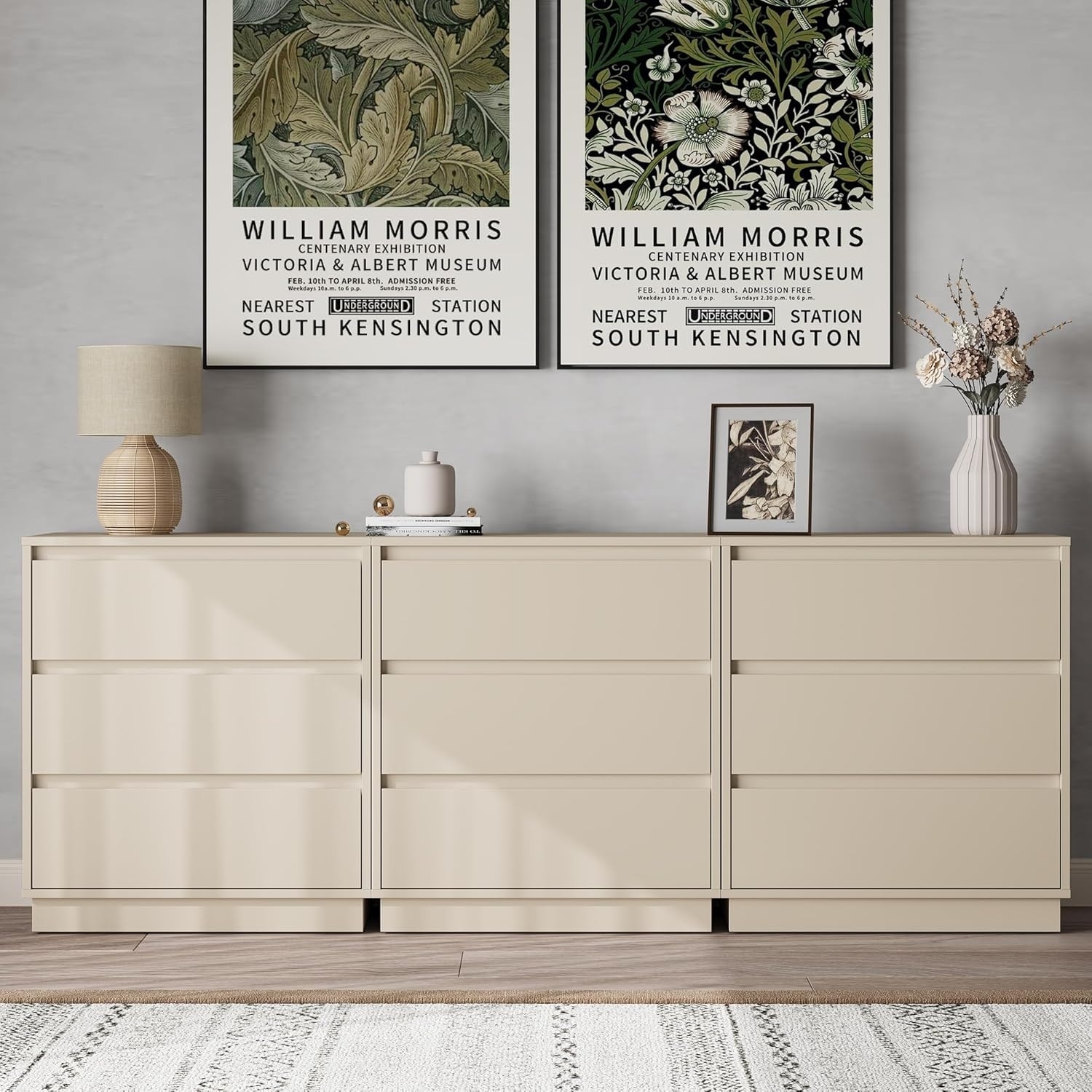 Modern 3-Drawer Nightstand Set, Large Beige Wooden Dresser with Hidden Pull-Out System for Bedroom or Living Room