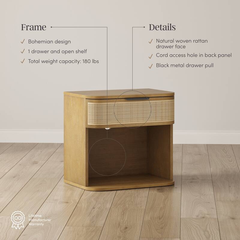 Keith Farmhouse Bedside Table, Modern Coastal Nightstand, Rattan Nighstand with 1 Drawer for Bedroom