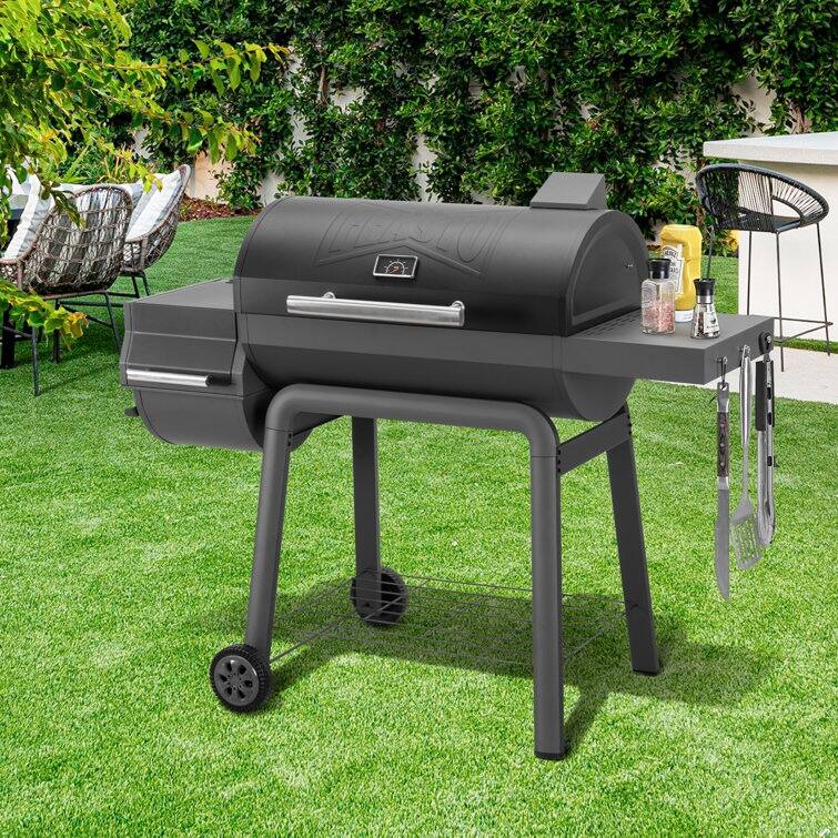 Feasto 28in Charcoal Barrel Grill With Offset Smoker Grill and Side Table