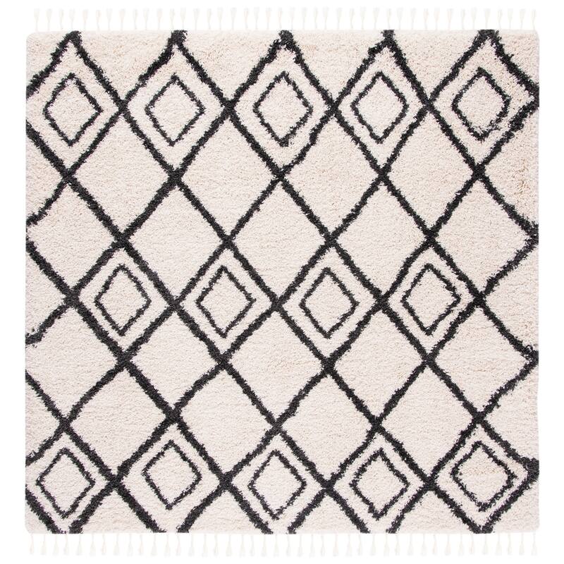 SAFAVIEH Moroccan Fringe Shag Geoff 2-inch Thick Rug - 6'7" Square - Cream/Charcoal