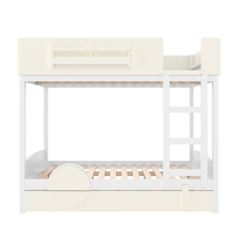 Full Bunk Bed with Trundle, Wood Bunk Bed Frame with Built-in Bookshelf and High-quality Safety Guardrail