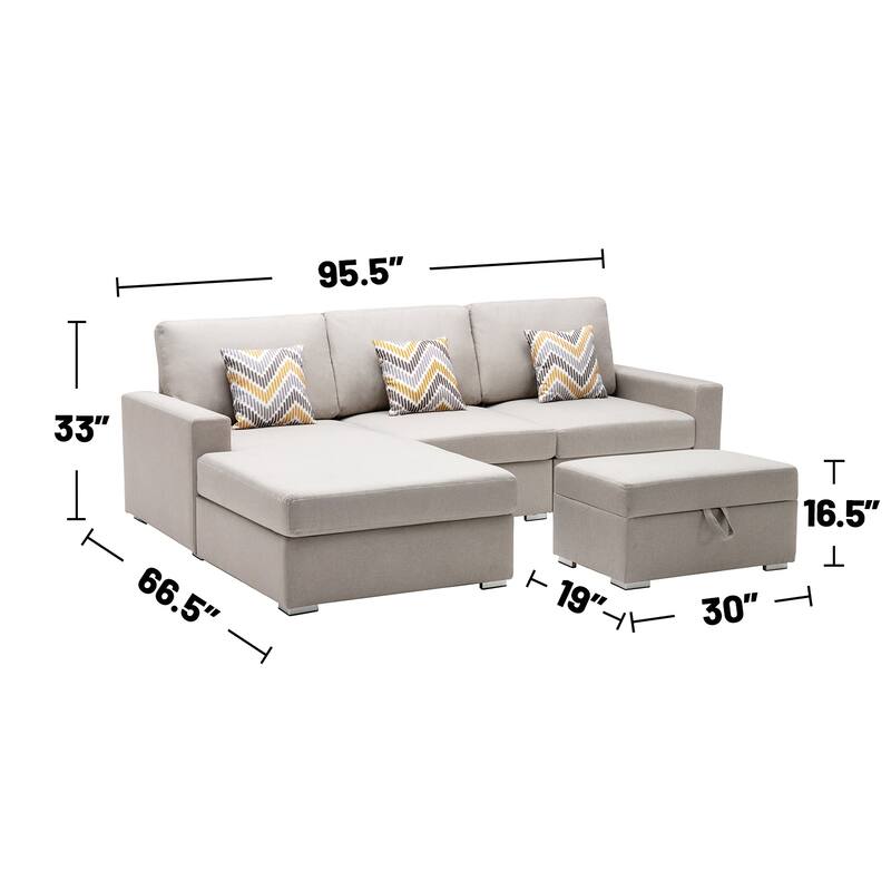Linen Fabric 4 Piece Reversible Sofa Chaise with Interchangeable Legs, Storage Ottoman, and 3 Pillows in Beige