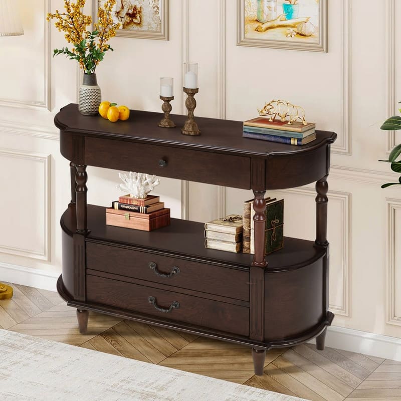 Retro 43" Curved Wood Console Table with 3 Drawers and Open Shelf, Sofa Table Behind Couch for Living Room and Hallway Storage