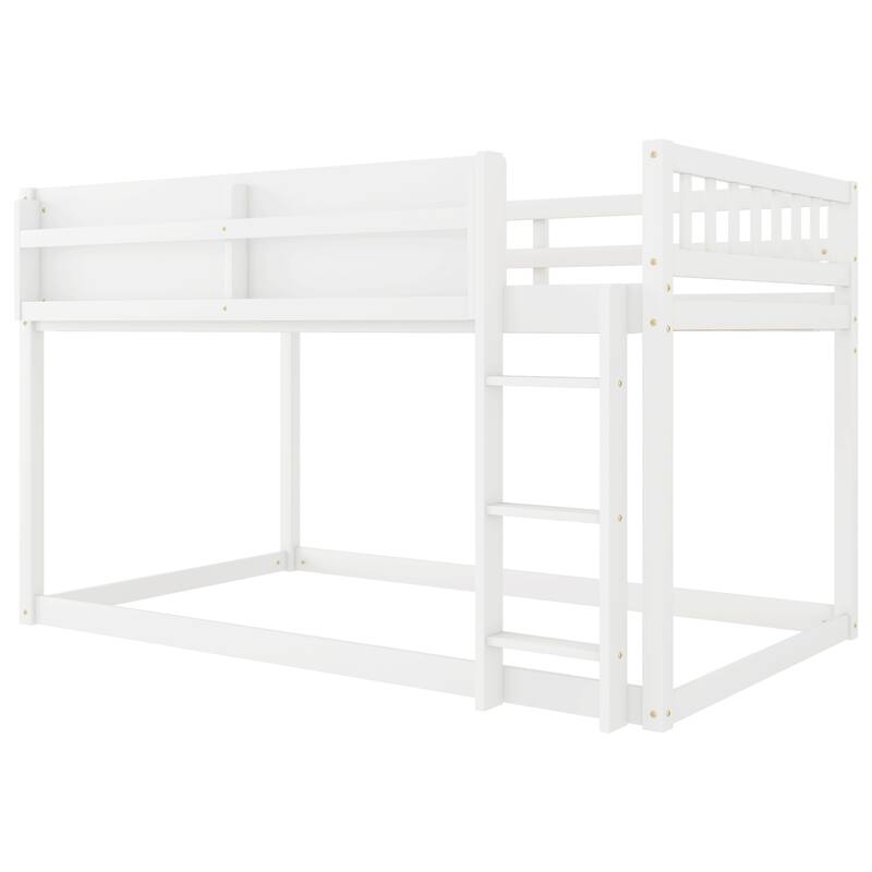 Low Twin Over Twin Bunk Bed, Floor Bunk Bed with Ladder and Storage Shelf, Convertible Design Twin Size Bunk Bed Frame