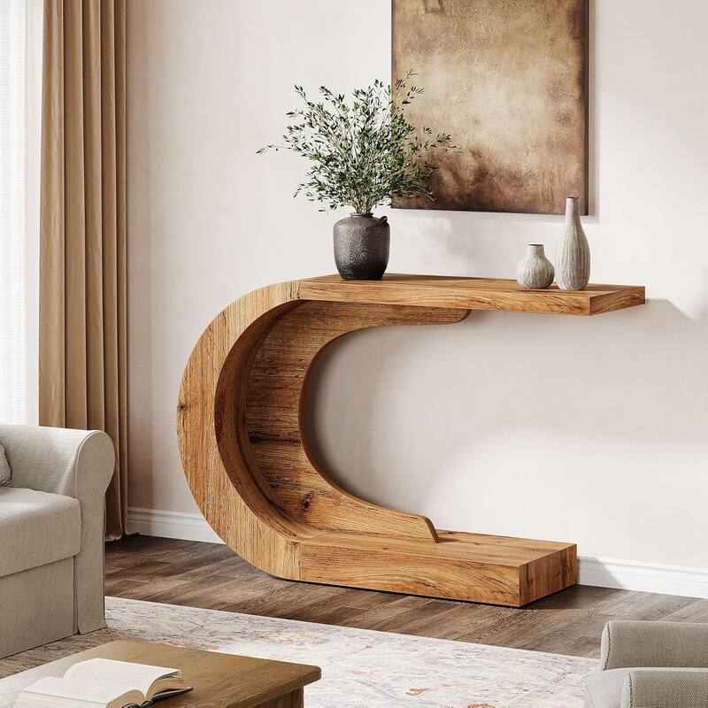 43.3 Inches Brown Wood C-Shaped Console Table, Mid-Century Modern Entryway Table for Living Room
