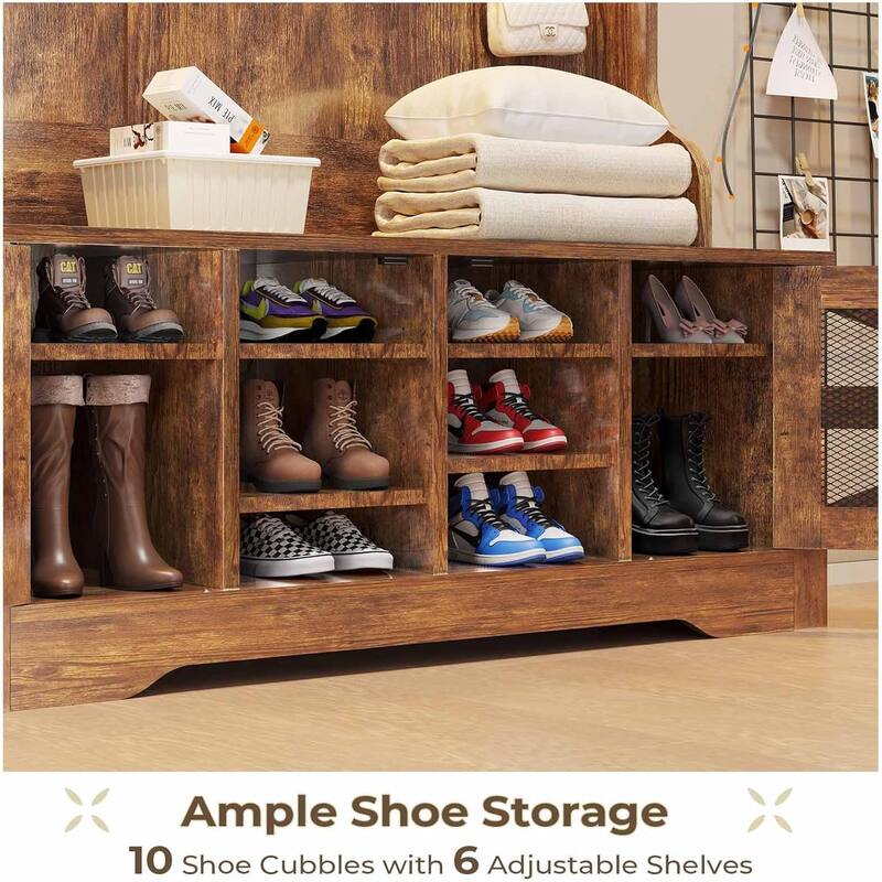 Hall Tree w/ Bench Shoe Storage Shoe Cubby Barn Door Adjustable Shelf
