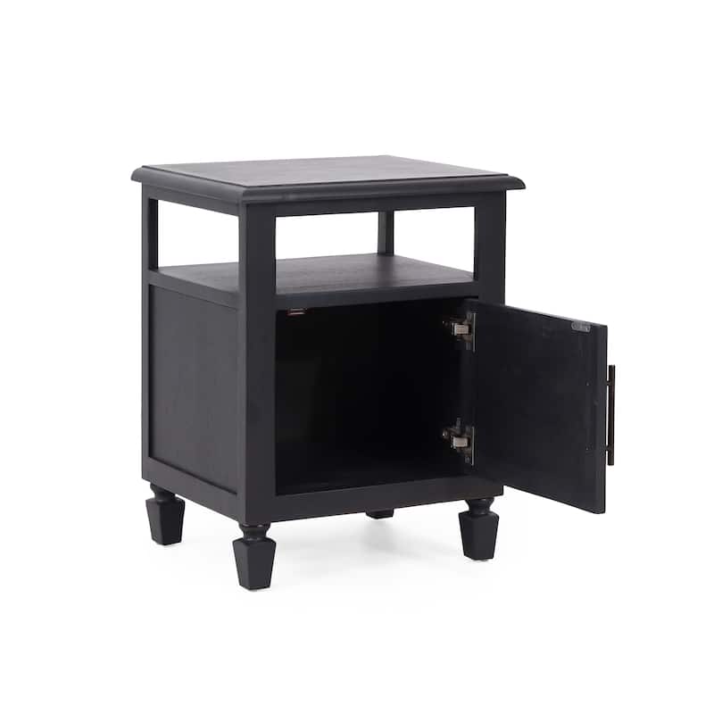 Roomfitters Modern Wood Nightstand with Open Shelf and Cabinet, Accent Side Table with Textured Door and Brass Handle, Dark Grey