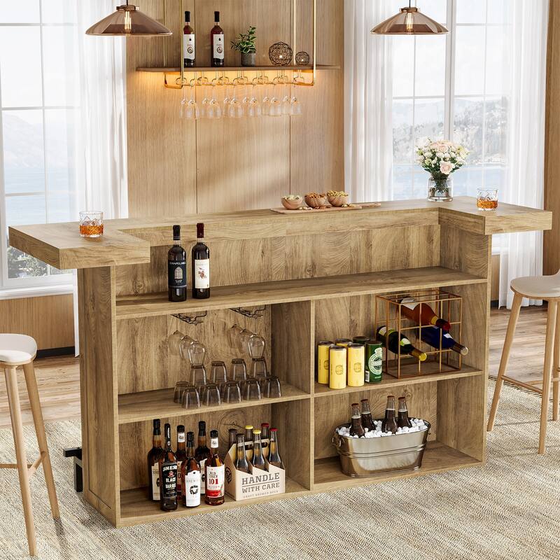 Industrial Wood Bar Table Liquor Cabinet with Wine Glass Holder