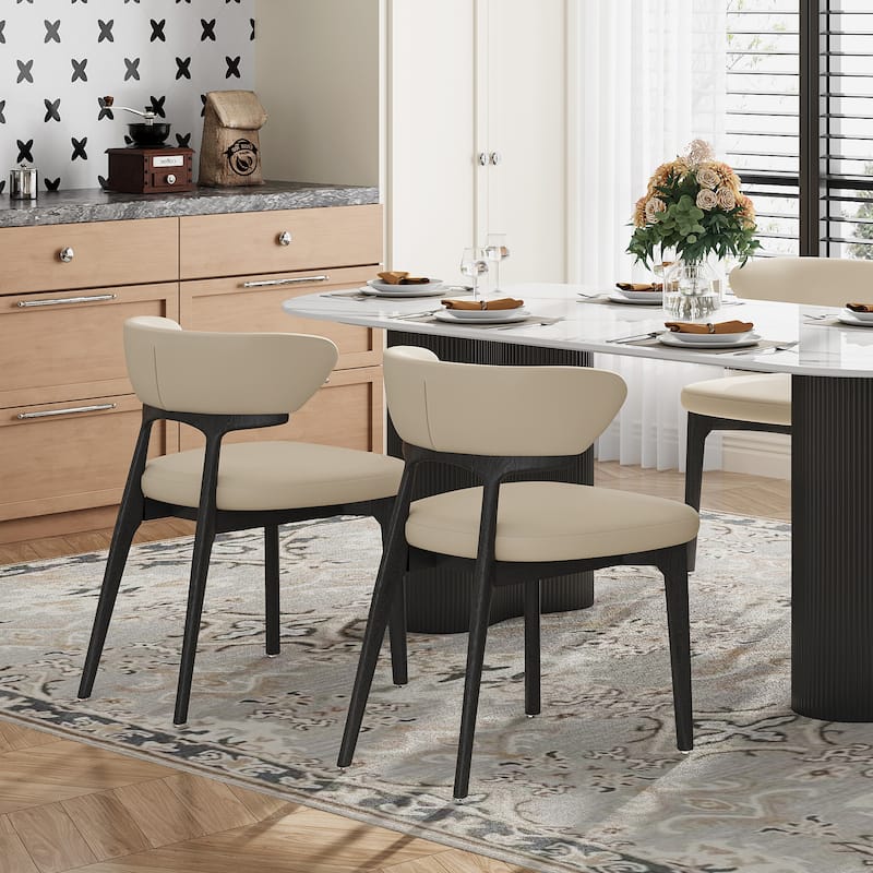 Faux Leather Dining chairs,Black Solid Wood, Beige Faux Leather, Set of 2, Not Assembled need