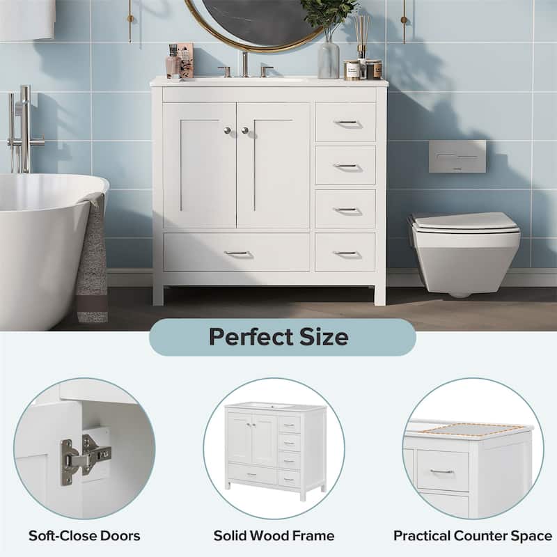 36" White Bathroom Vanity with Ceramic Sink Combo
