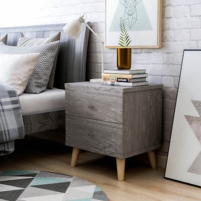 247 Shop At Home Mid-Century Modern Distressed Grey 2-Drawer Nightstand with Knobs