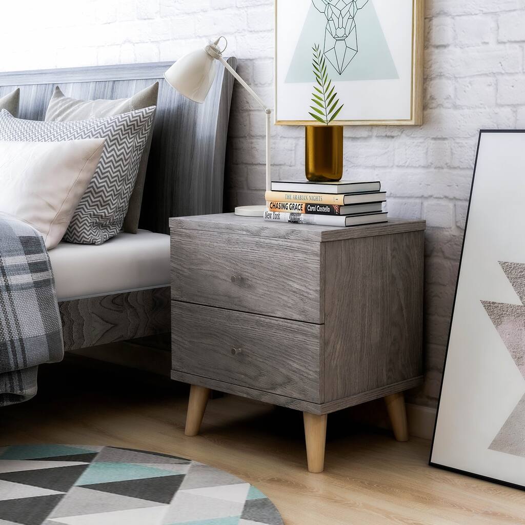 247 Shop At Home Mid-Century Modern Distressed Grey 2-Drawer Nightstand with Knobs