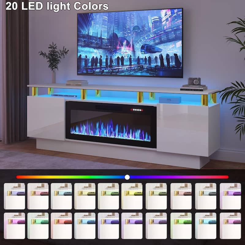 BOSSIN 70" Modern Electric Fireplace TV Stand, with Electronic Flame and LED Lights, High Gloss Finish Entertainment Center